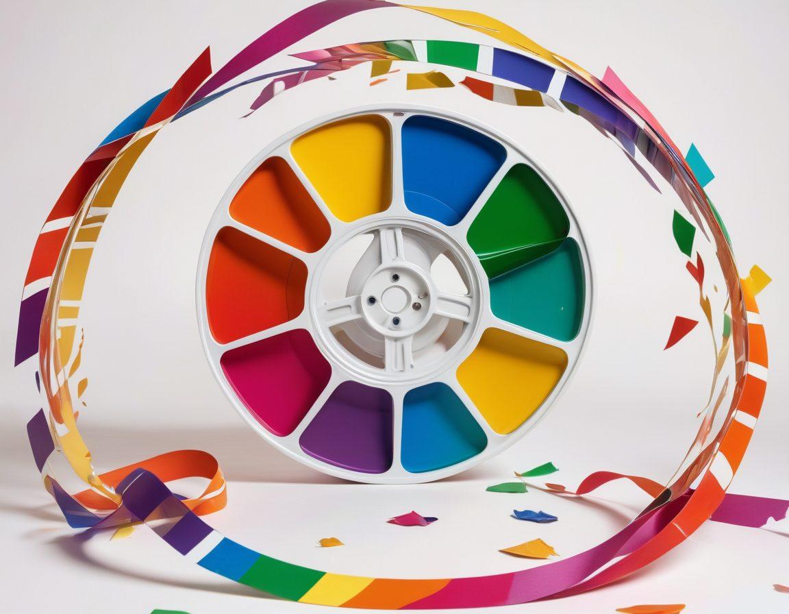 A colorful film reel unfurling across the frame, each segment showcasing iconic LGBTQ movie scenes; surrounded by vibrant rainbow colors and symbols of pride. Intimate yet celebratory, the background features abstract shapes representing diversity in queer stories. Emphasize a warm, inclusive atmosphere. super-realistic. vibrant colors. white background.