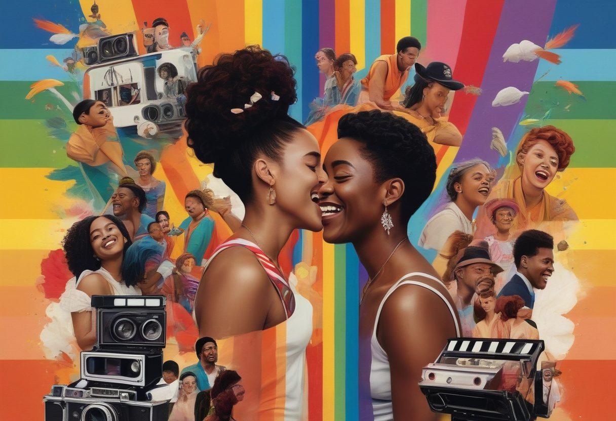 A vibrant collage depicting iconic scenes from LGBTQIA+ films and documentaries, blending laughter and tears, showcasing diverse characters embracing their identities, amidst a burst of colors representing pride and emotion. The backdrop features a film reel intertwined with rainbow stripes, symbolizing storytelling and inclusivity. Art style: mixed media. vibrant colors. dynamic composition.