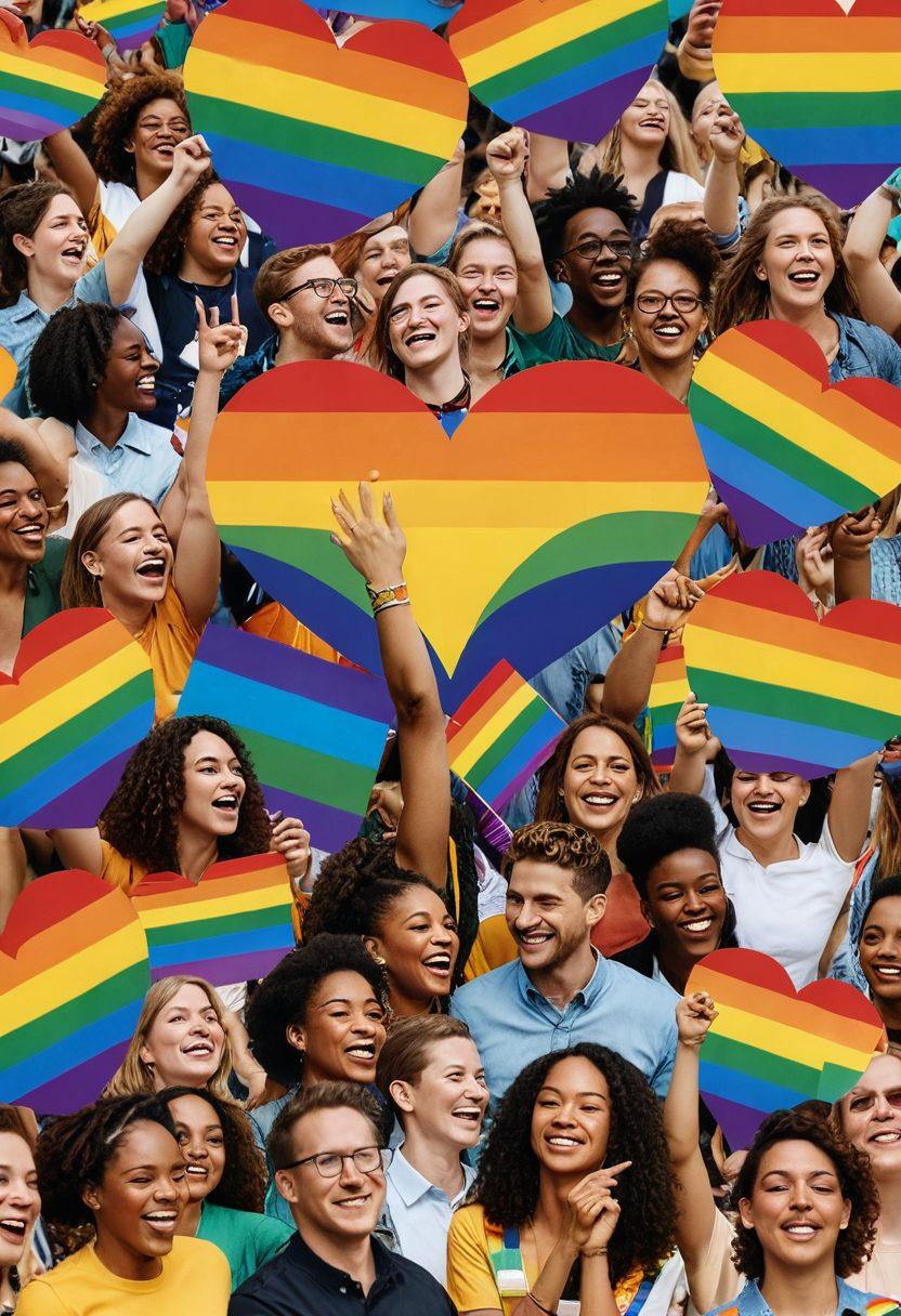 A vibrant heart-shaped collage featuring diverse queer couples enjoying various forms of entertainment, such as dancing, watching movies, and attending a Pride parade. Encompassing rainbow colors, the backdrop showcases elements of love and identity, like pride flags and interwoven symbols of LGBTQ+ culture. The overall mood should be joyful and celebratory, radiating inclusivity. colorful collage. vibrant colors. playful design.